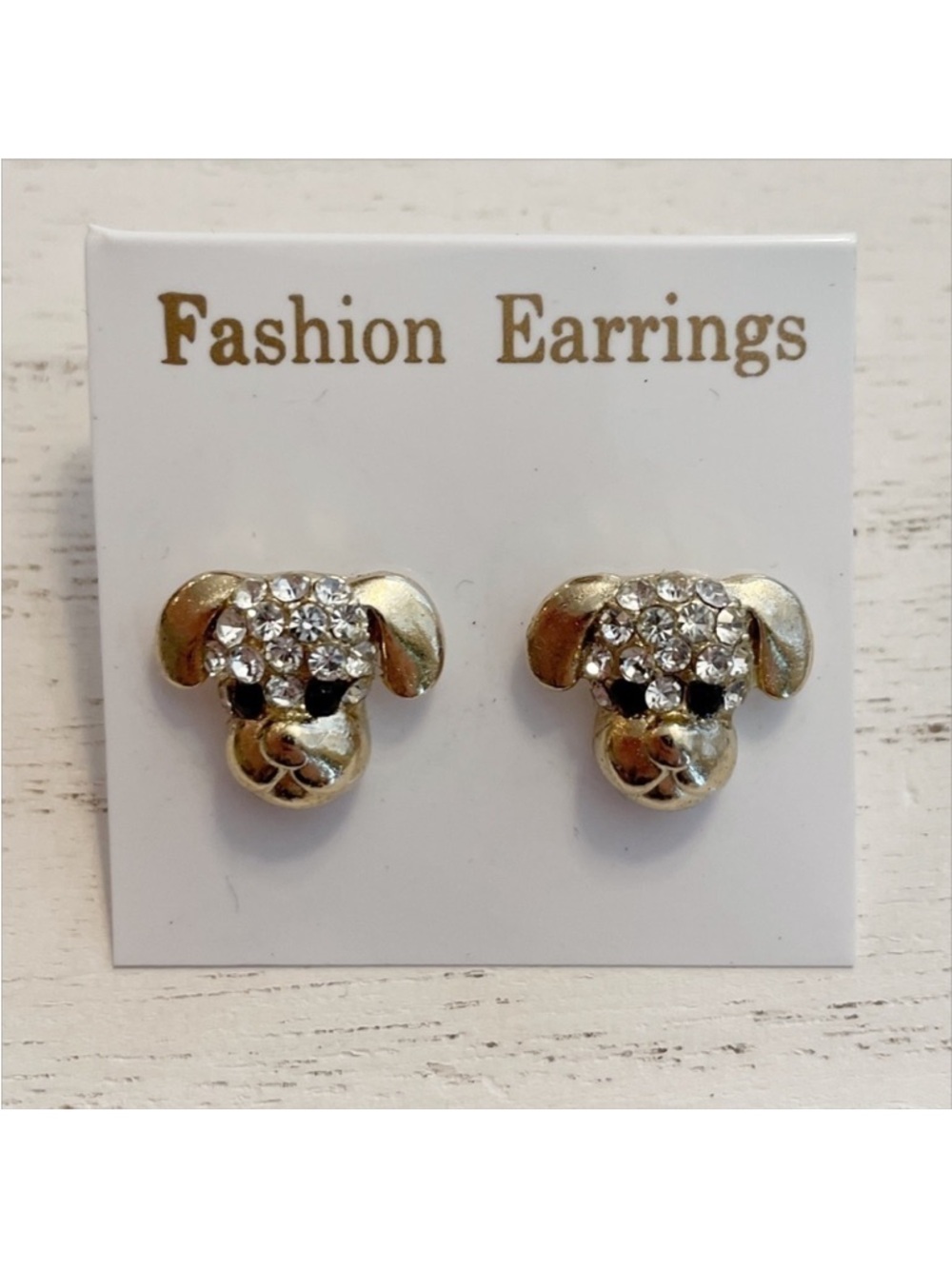 Rhinestone Gold Tone Puppy Dog Earrings